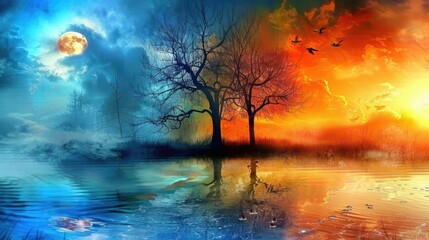 Obraz premium landscape of mountain lake and forest. forest with a lake wallpaper. landscape lake forest with fog wallpaper. landscape forest with lake and fog. landscape with a lake and mountains.