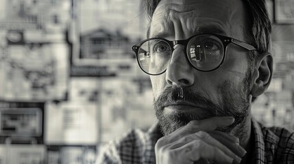 Double exposure of a creative director in deep thought, fused with sketches and blueprints of innovative projects