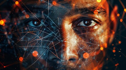 Content worker's face blended with symbols of personal values alignment and job passion