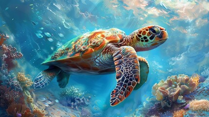 Obraz premium Turtle swimming in a protected marine area