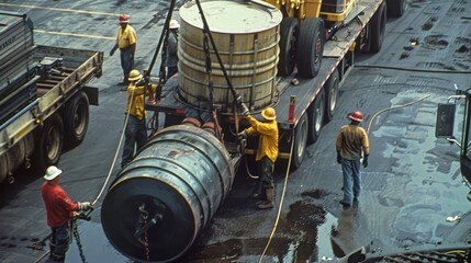 A group of workers using a winch to lift a large oil barrel from a truck and onto a loading dock.