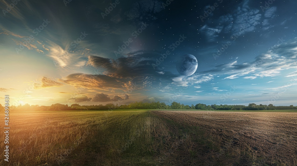 Poster field and sky with moon at twilight - a composite image blending day and night with a moon in the sk