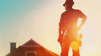 affordable home maintenance solutions close up, focus on, copy space Rich tones, Double exposure silhouette with house repairs