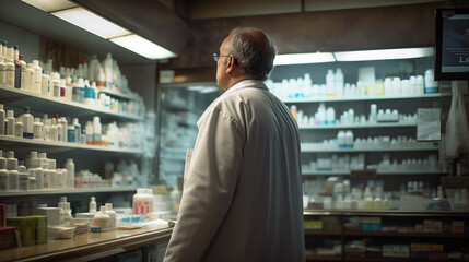 Pharmacist working in a busy pharmacy store, assisting customers with medicine and health needs