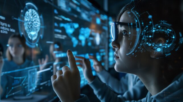 Capture a detailed scene with an eye-level view of a futuristic holographic teacher interacting with a group of students in a virtual online classroom Each student engrossed in adv