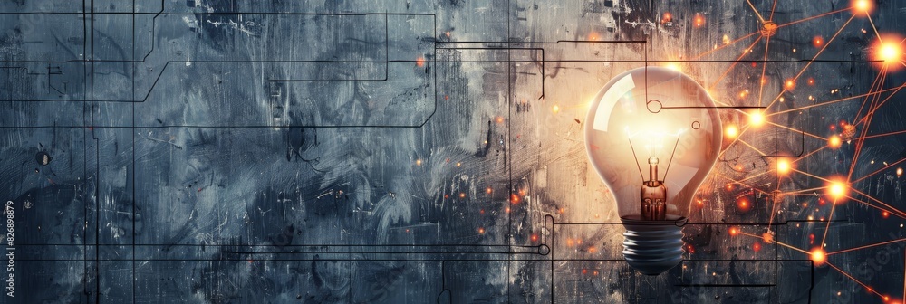 Poster illuminated light bulb on a circuit wall - a single glowing light bulb stands out on a grunge-style 