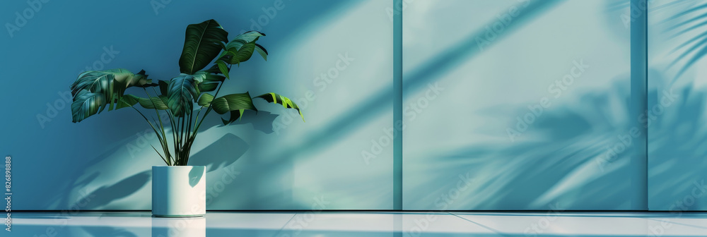Poster modern indoor plant with shadows on wall - a sleek indoor scene featuring a potted plant against a m