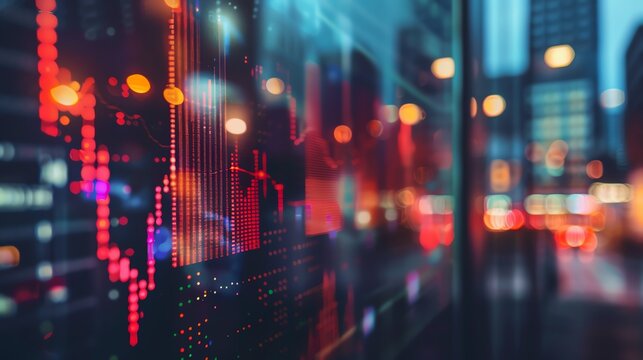 Financial services office close up, focus on, copy space striking tones, Double exposure silhouette with stock market data