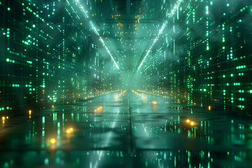Fototapeta premium Abstract background displaying a futuristic digital grid pattern in shades of neon green and blue, with glowing lines and geometric shapes creating a high-tech and sci-fi aesthetic.