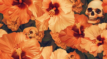 Hibiscus flowers and skulls in a tropical pattern - A vibrant and surreal pattern featuring hibiscus flowers intermixed with human skulls