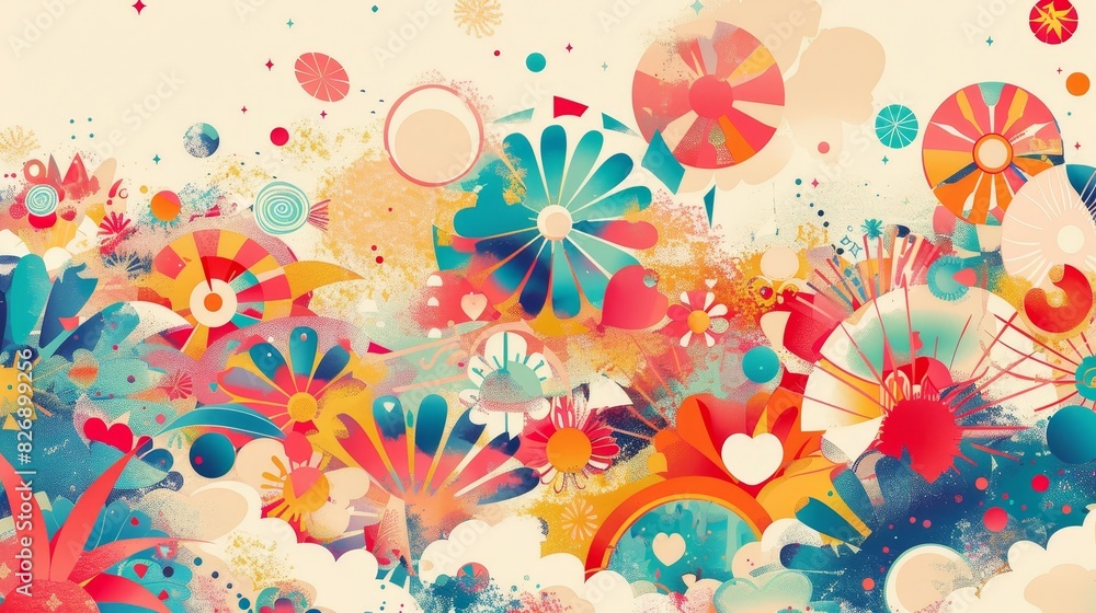 Poster Vibrant abstract floral burst design - An explosion of color and shape, this image features abstract floral and circular patterns with a playful, whimsical feel