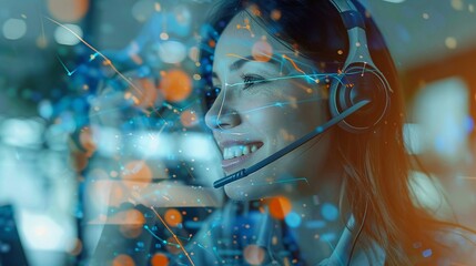 Double exposure of a customer service representative on a call, merging with images of happy clients, showing professional and friendly service