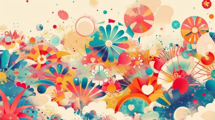Vibrant abstract floral burst design - An explosion of color and shape, this image features abstract floral and circular patterns with a playful, whimsical feel
