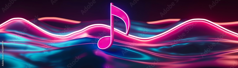 Poster a modern 3d musical note bathed in neon light, set against a black light background neon waves flow 
