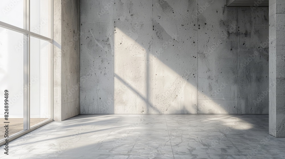 Poster sunlit empty room with concrete walls - sunlight beams through large windows casting shadows on blan