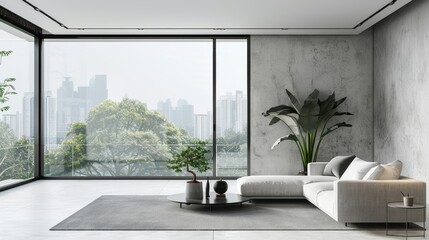 Fototapeta premium Modern living room with city view - Sleek modern living room interior with large windows providing a scenic city view, signifies comfort and luxury