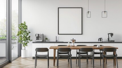 Modern kitchen interior with a dining table and chairs, a white wall with a mockup poster frame hanging on it, a coffee machine and water dispenser