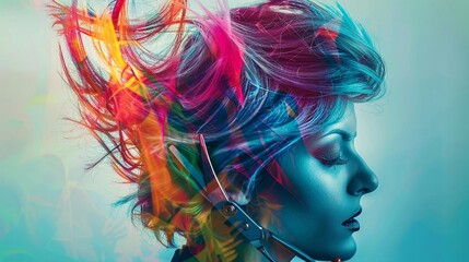 Double exposure of a hairdresser with flowing hair, scissors, and colorful hair dye, capturing the art of hairstyling and vibrant transformations