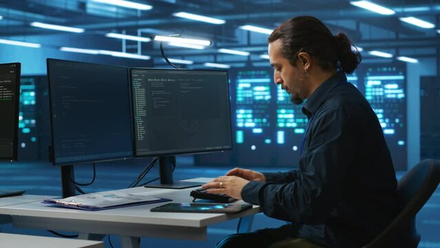 System administrator in server room doing system analysis, coding, doing needed adjustments for supercomputers to run. Specialist working in high tech facility housing advanced storage infrastructure