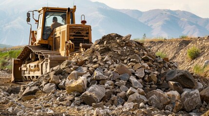 A bulldozer pushes a large pile of rocks and dirt creating a path for future construction.