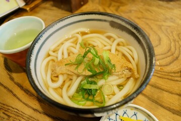 Japanese udon noodle with sliced tofu on top