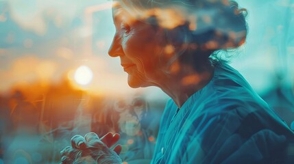 Double exposure of a research assistant analyzing samples under a microscope, overlay with chemical equations and lab equipment