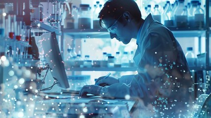 Double exposure of a research assistant analyzing samples under a microscope, overlay with chemical equations and lab equipment