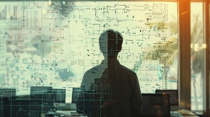 Double exposure of a research assistant analyzing samples under a microscope, overlay with chemical equations and lab equipment
