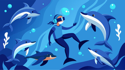 A swarm of virtual dolphins playfully swimming alongside the VR swimmers creating a magical underwater experience.. Vector illustration
