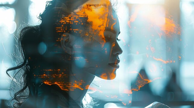 Double exposure of a researcher in a lab coat, studying data on a holographic display, interspersed with mathematical equations