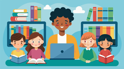 A library hosts a virtual digital storytime allowing children from different cities and towns to join in and listen to the same story together.. Vector illustration