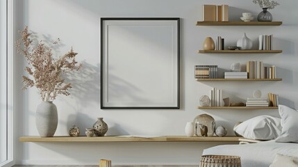 Modern shelf with black frame mockup poster, home interior design of modern living room, blank wall for artwork or picture. Shelves full of books and decorative objects,