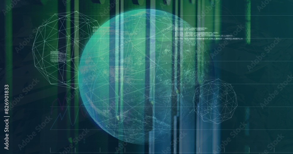 Poster image of spinning globe and statistical data processing against computer server room