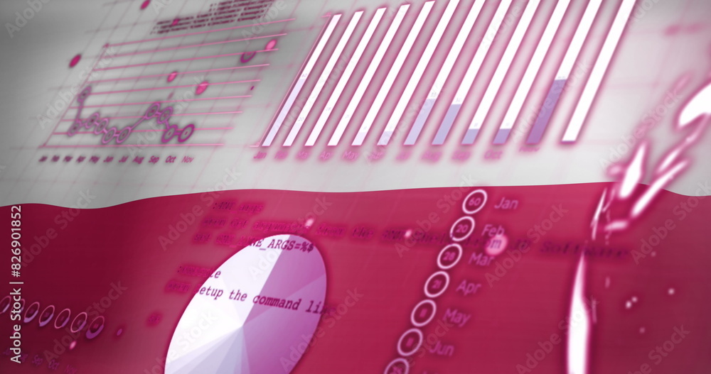 Poster image of statistical data processing against waving poland flag background