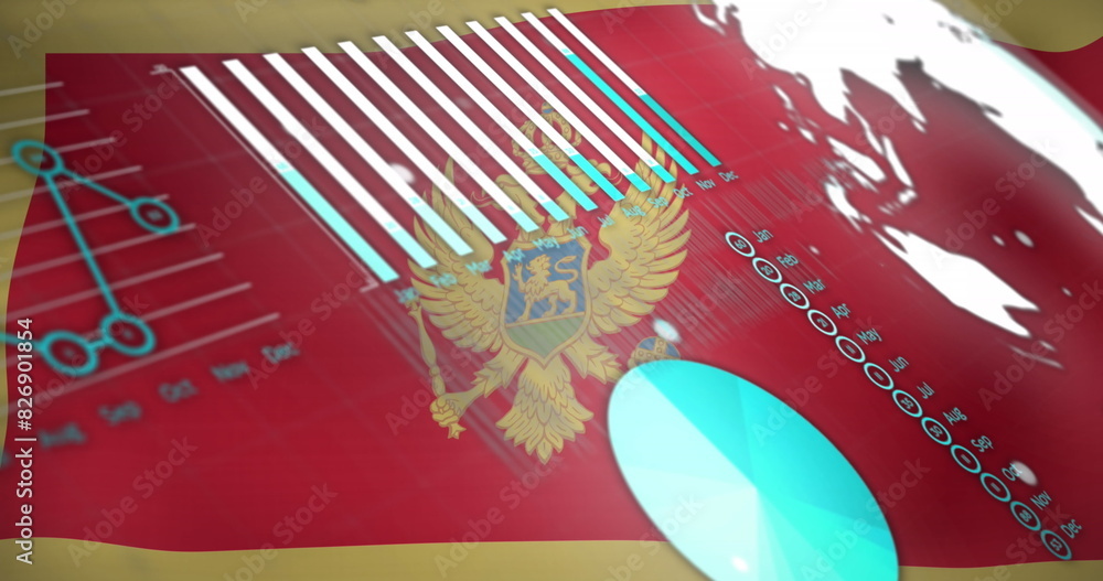 Poster image of statistical data processing against waving montenegro flag background
