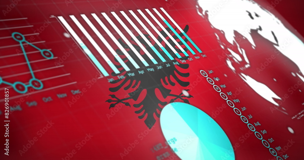 Poster image of statistical data processing against waving albania flag background