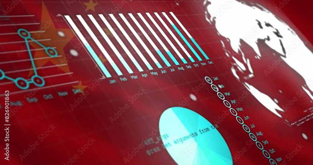 Poster image of statistical data processing against waving china flag background