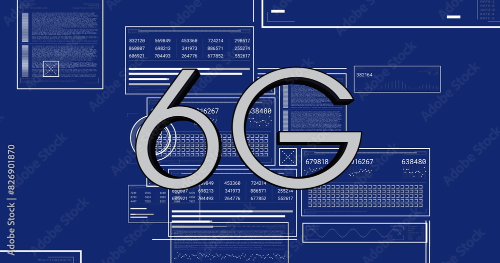 Aufkleber image of 6g text banner over interface with data processing against blue background