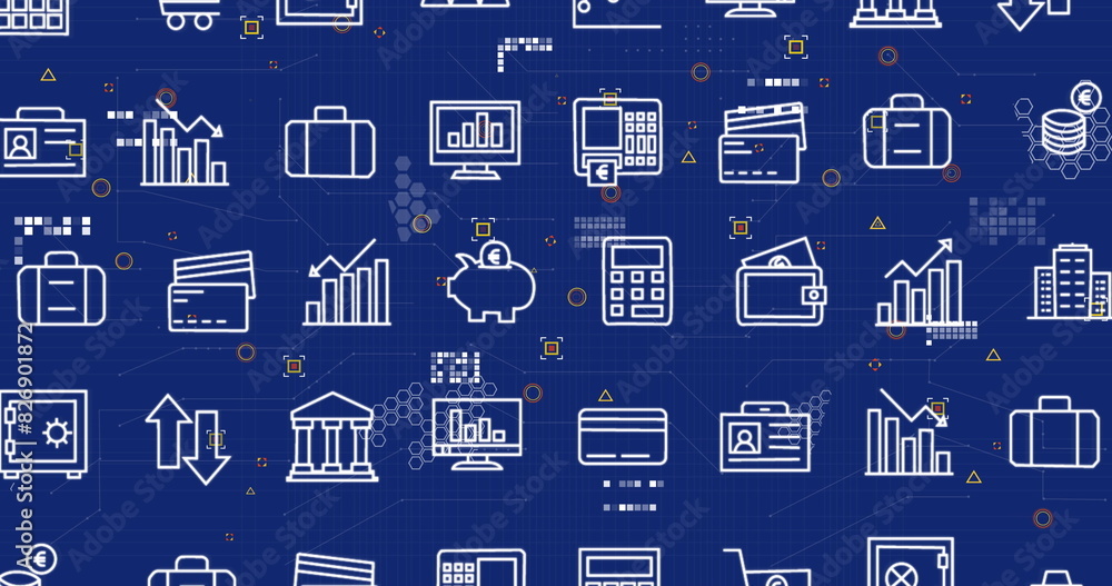 Poster image of multiple digital icons and microprocessor connections against blue background