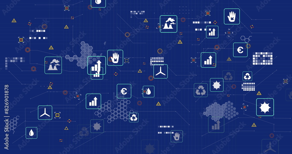 Poster image of multiple digital icons and microprocessor connections against blue background