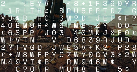 Image of data processing against hydraulic lifting machine with claw attachment at junkyard