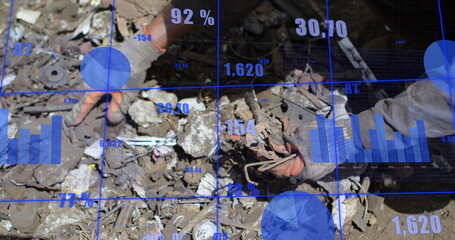 Image of statistical data processing against mid section of male worker working at junkyard