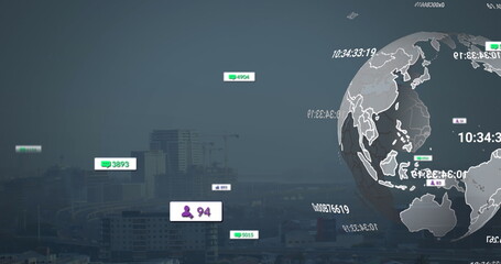 Image of social media icons over spinning globe against aerial view of cityscape