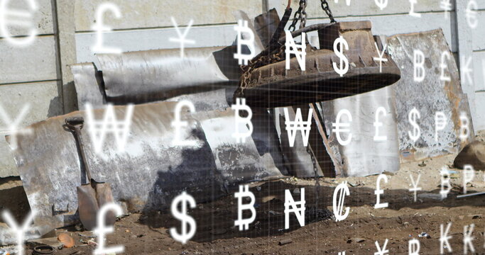 Image of interface with multiple currency symbols against magnet cranes in operation at junkyard