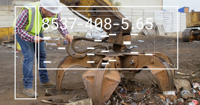 Image of data processing against caucasian male supervisor inspecting hydraulic lifting machine - Powered by Adobe