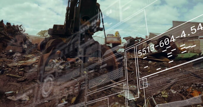 Image of data processing against hydraulic lifting machine with claw attachment at junkyard - Powered by Adobe