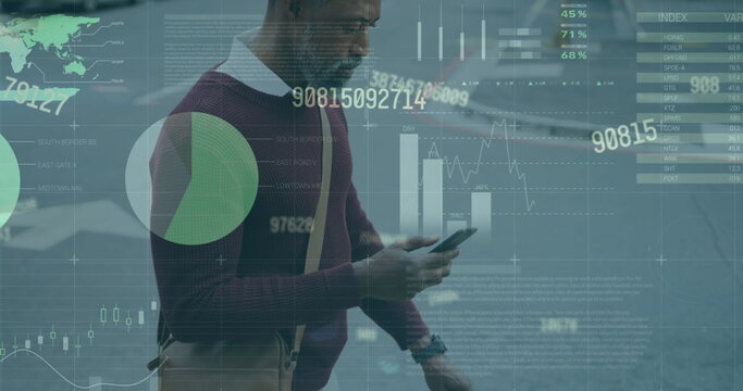 Image of infographic interface, numbers, african american man with bicycle using cellphone