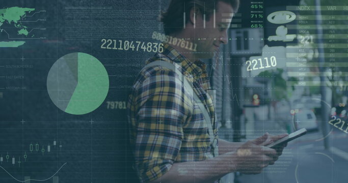 Image of infographic interface over caucasian man standing beside bicycle and using cellphone