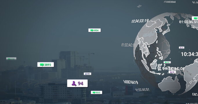 Image of social media icons over spinning globe against aerial view of cityscape - Powered by Adobe