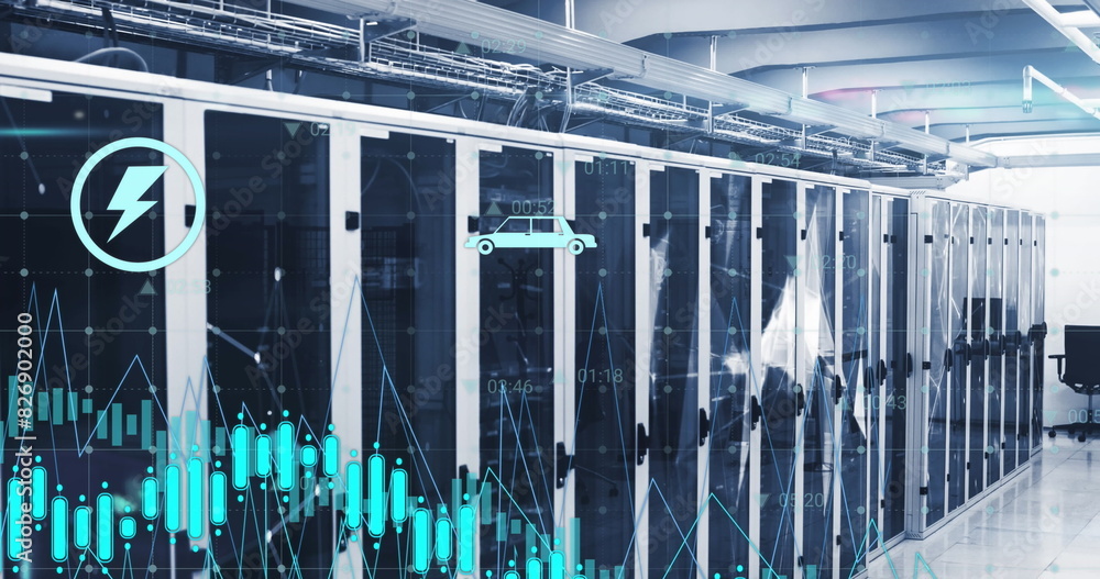 Poster image of graphs, icons and connected dots on data server racks in server room